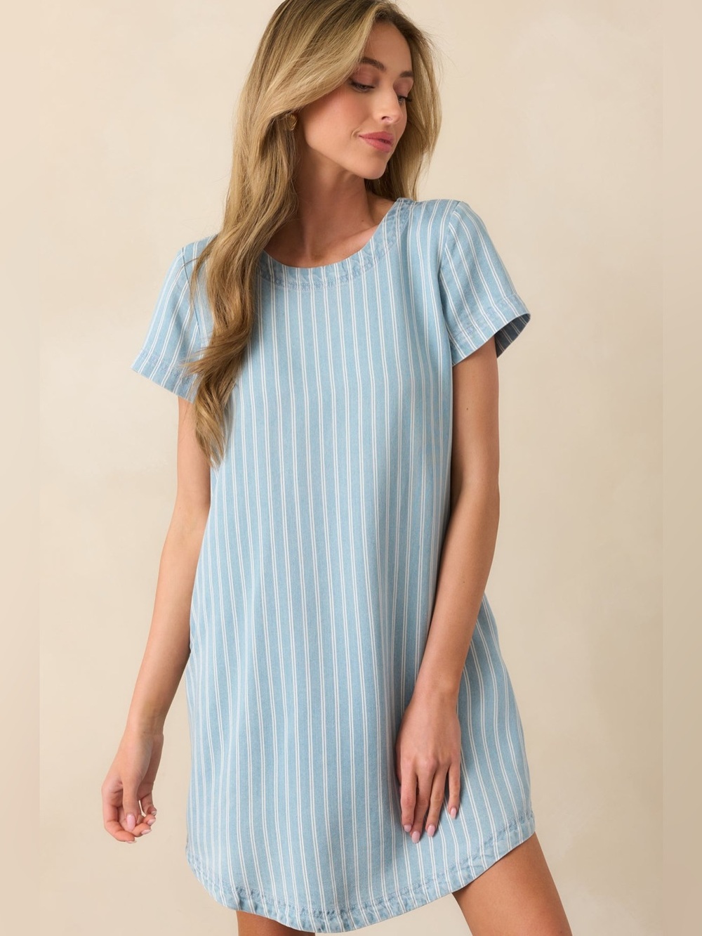 100% Lyocell Striped Chambray Button-Back Tunic Dress by Blu Pepper